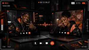Black people video chat on two laptops inside a cinematic recorder-style frame, showing a stylish black man and woman connecting in a charcoal and orange setup