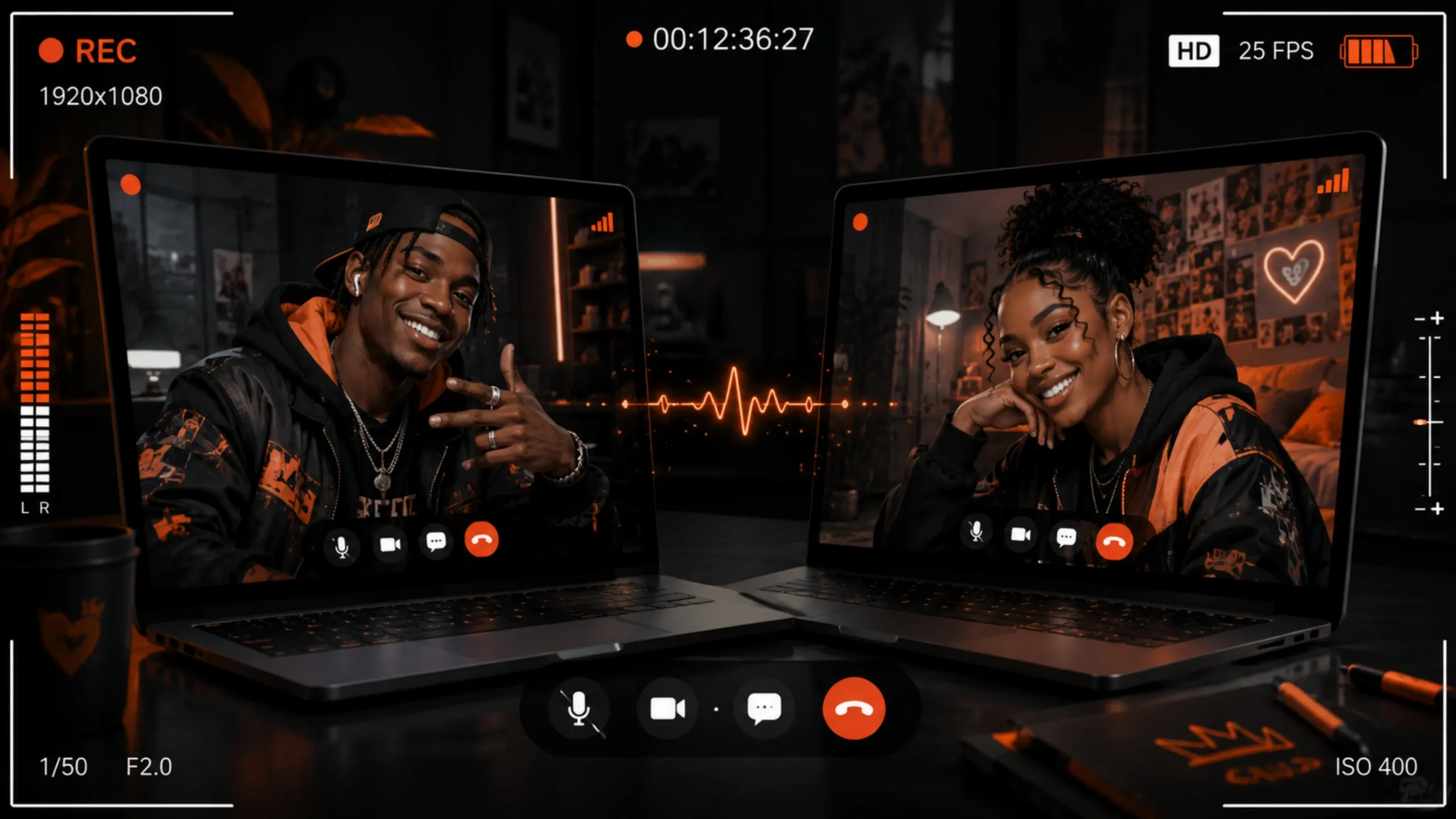 Black people video chat on two laptops inside a cinematic recorder-style frame, showing a stylish black man and woman connecting in a charcoal and orange setup
