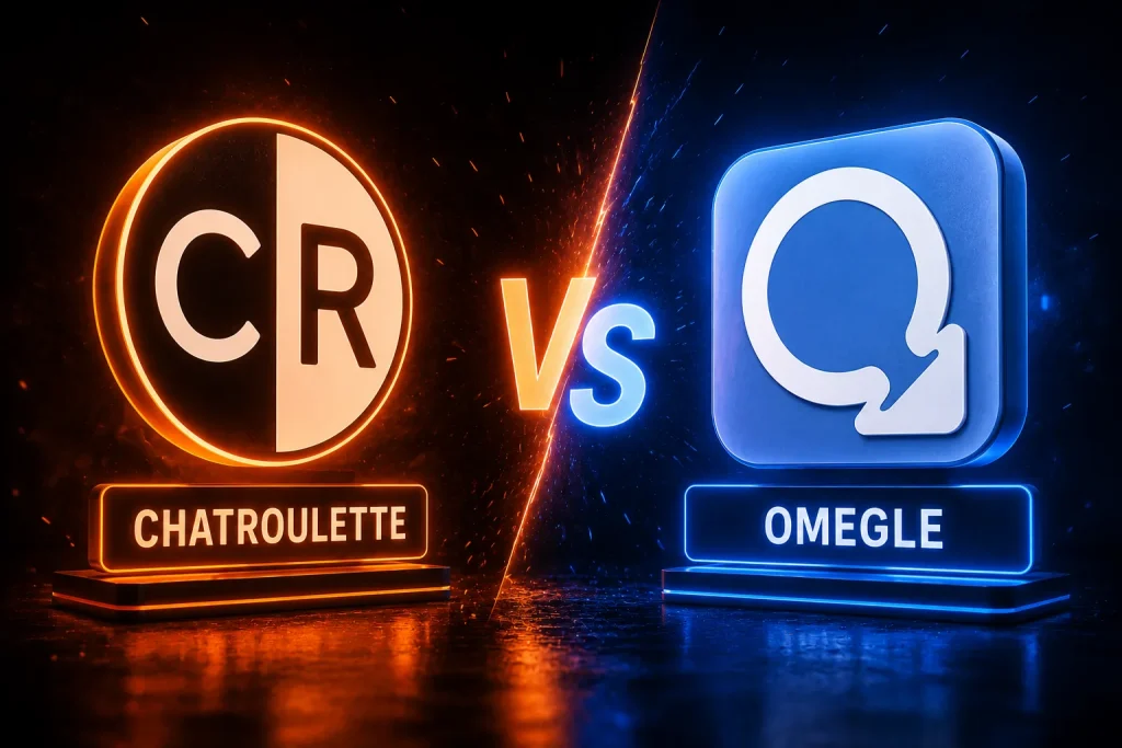 Split-screen image showing Chatroulette vs Omegle random video chat experience