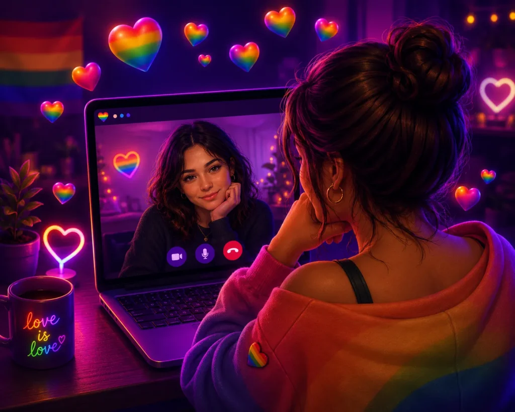 Woman using LGBTQ chat app for anonymous stranger chat