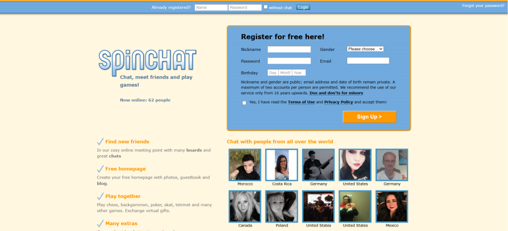 SpinChat.com homepage for free chat rooms online