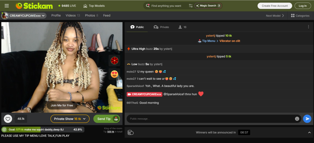 Stickam homepage for online webcam chat rooms