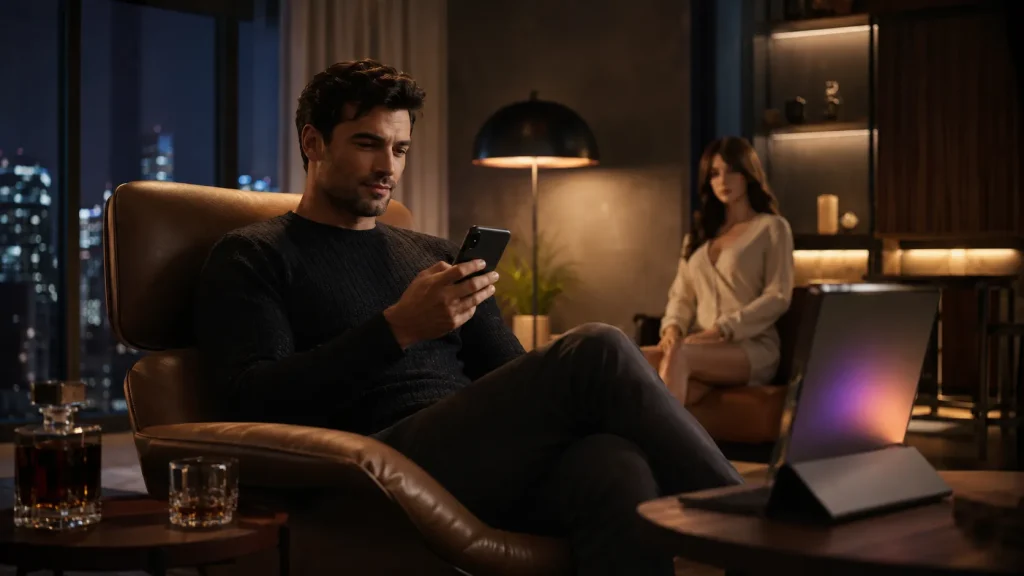 Adult man using a phone in a private lounge with a laptop nearby and a discreet companionship figure in the background.