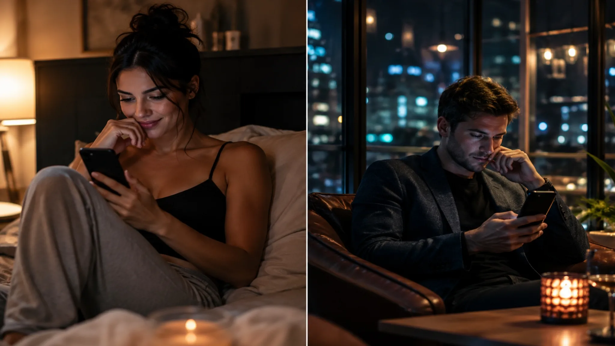 Two adults in private evening settings using phones, reflecting anonymous chat, online flirting, and modern companionship.
