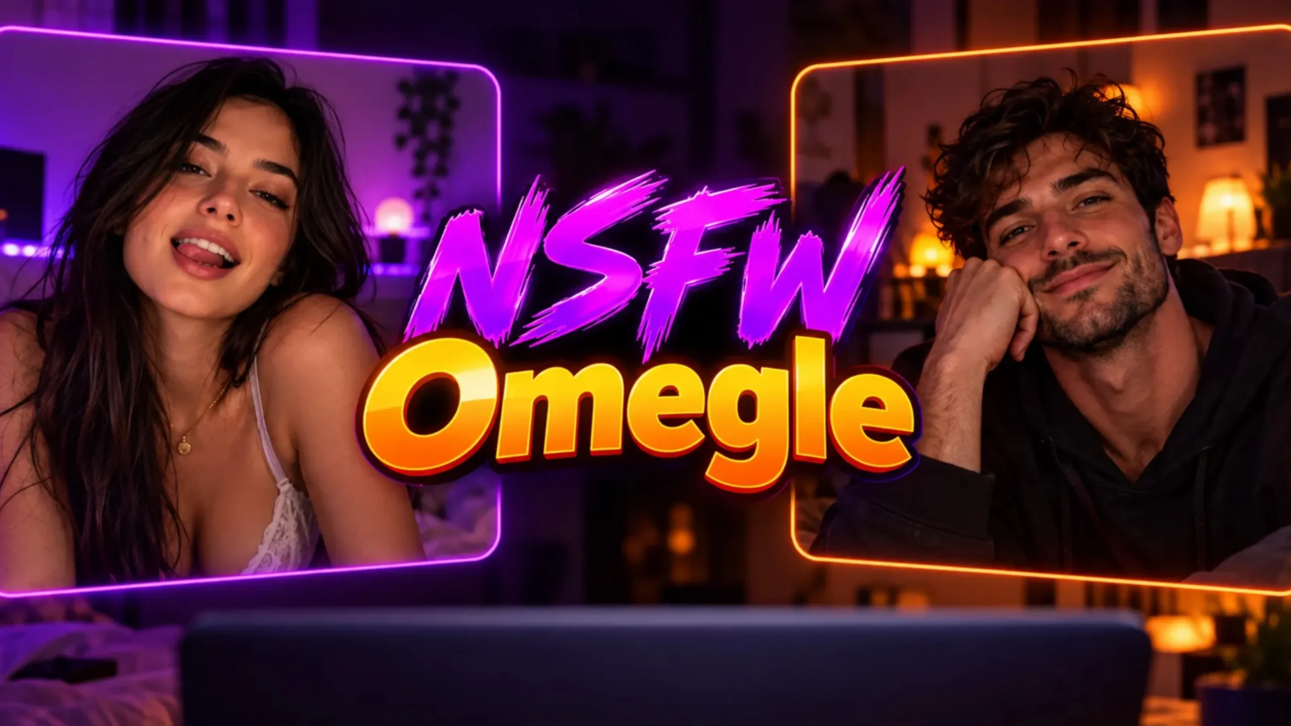 NSFW Omegle thumbnail showing a woman and bearded man in purple and orange random video chat frames