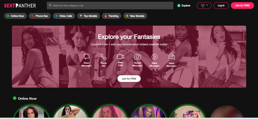 SextPanther homepage showing adult creator profiles and private text, audio, and video chat options
