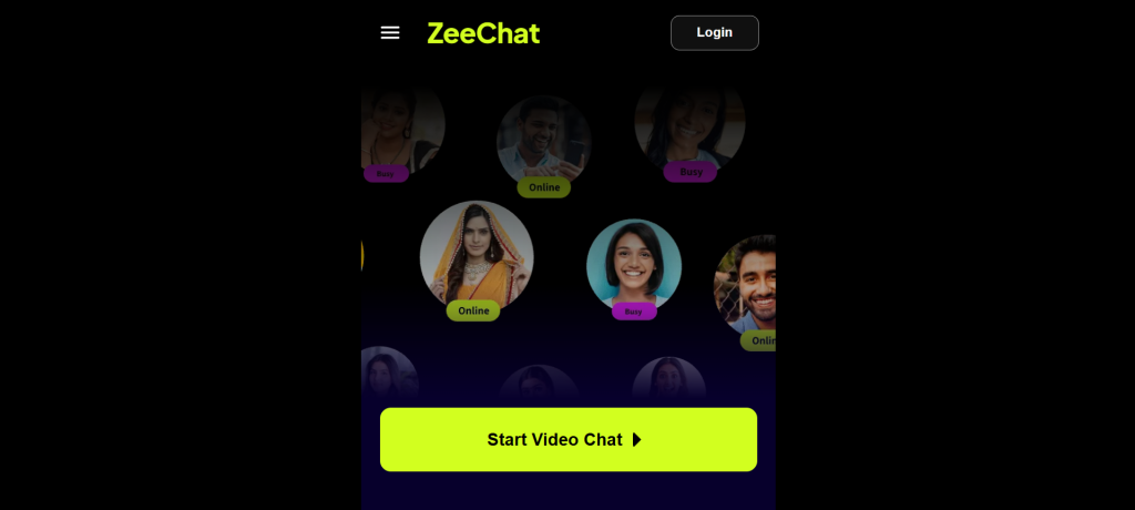 ZeeChat random video chat homepage with user profiles and a Start Video Chat button